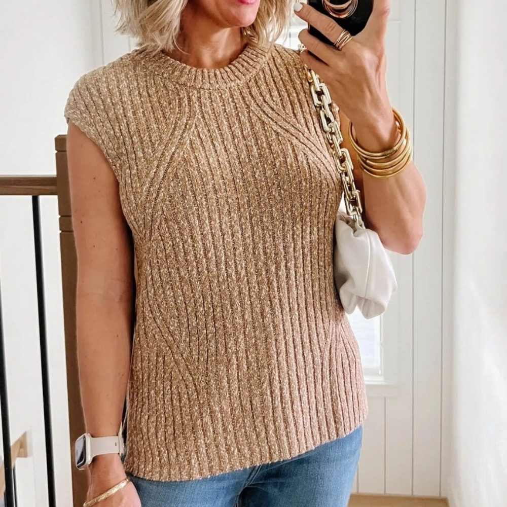 LOFT Ribbed Cap Sleeve Sweater‎ Vest Chevron Knit Marled Beige Tan XS NWT
